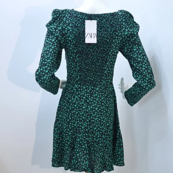 Zara Floral Print Sweetheart Neckline Long Sleeves Mini Dress Black Green Size S - Picture 2 of 6